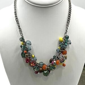 Betsey Johnson Betseyville Multicolor Beaded Cluster Owl Charm Heart Necklace